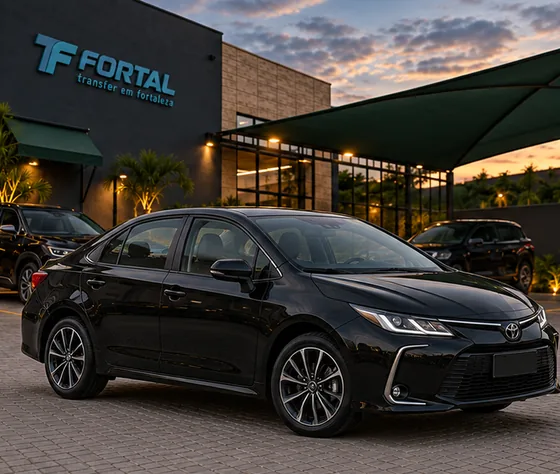 Toyota Corolla preto estacionado diante de uma fachada com o logo Fortal, ao entardecer