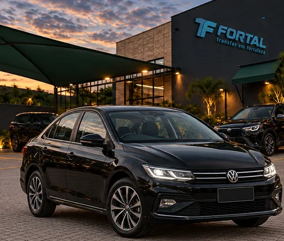 Volkswagen Virtus preto estacionado diante de uma fachada com o logo Fortal, ao entardecer