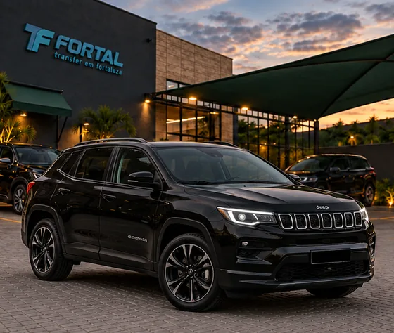 Jeep Compass preto estacionado diante de uma fachada com o logo Fortal, ao entardecer