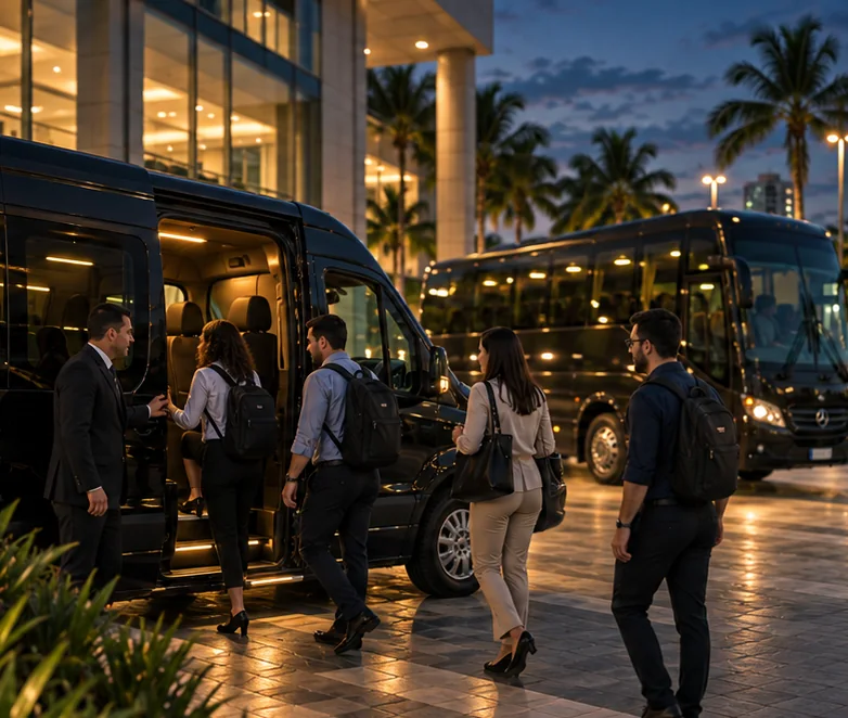 Funcionários com mochilas embarcam em uma van executiva diante de um prédio comercial, à noite, com um ônibus estacionado ao fundo