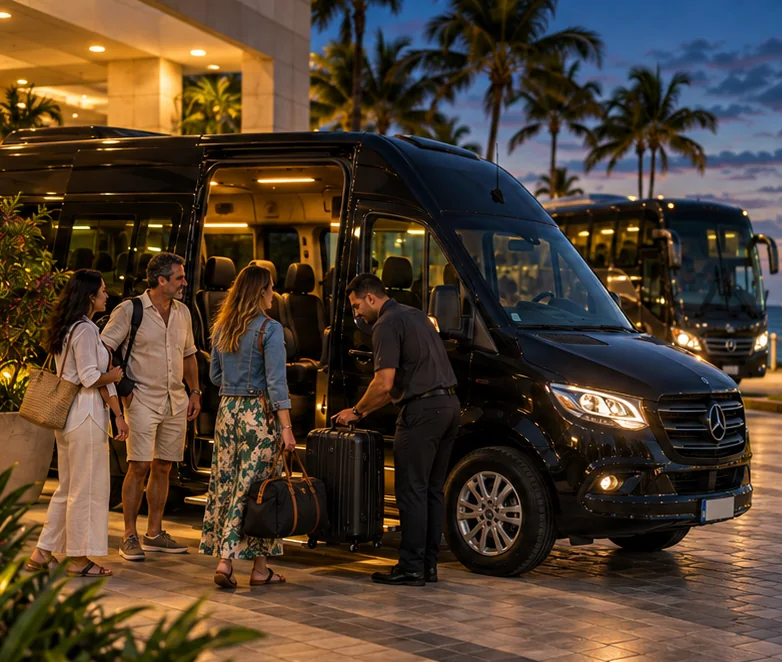 Motorista acomoda a bagagem de um grupo de turistas em uma van executiva preta diante de um hotel à beira-mar, ao entardecer