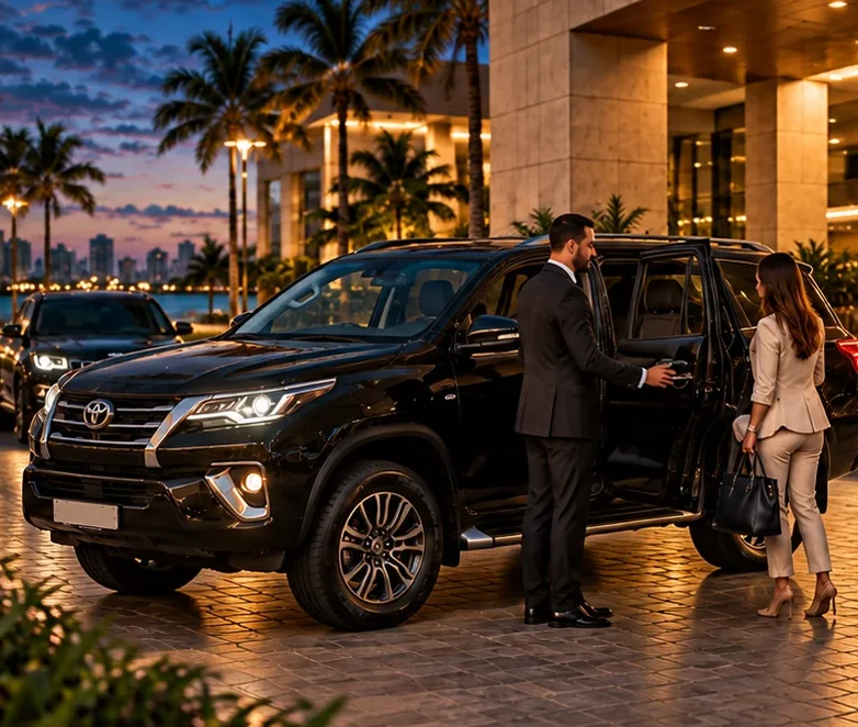 Motorista abre a porta de uma SUV preta para uma executiva diante de um hotel à beira-mar, ao entardecer, com outra SUV ao fundo